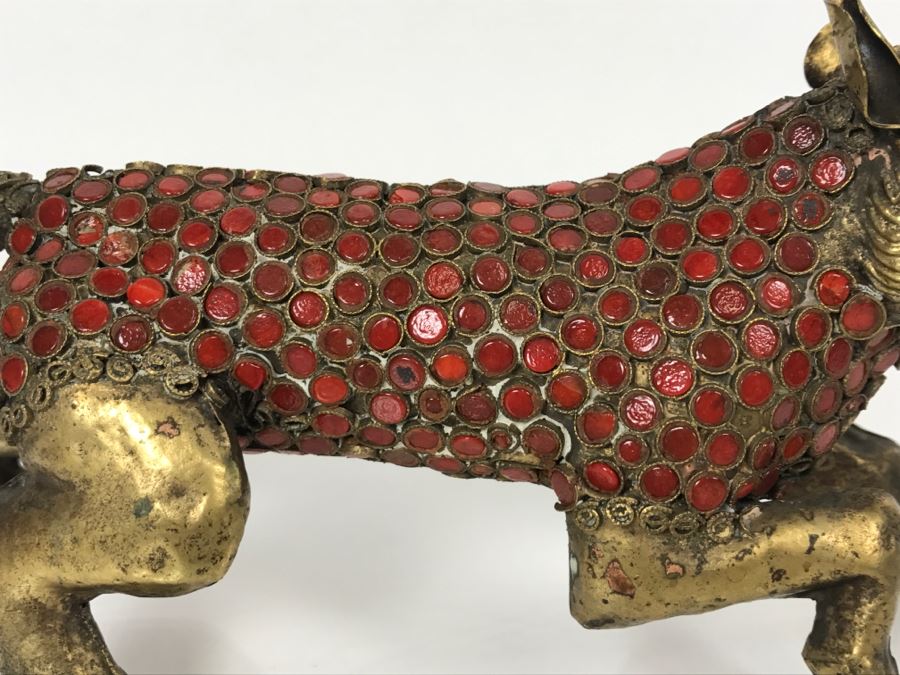 Old Nepalese Tibetan Brass Filigree Lion Tiger With Inlayed Coral [Photo 4]