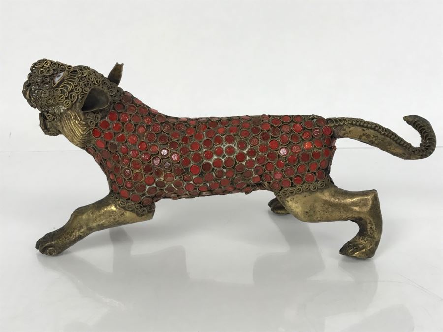 Old Nepalese Tibetan Brass Filigree Lion Tiger With Inlayed Coral [Photo 16]