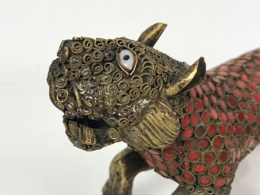 Old Nepalese Tibetan Brass Filigree Lion Tiger With Inlayed Coral [Photo 14]