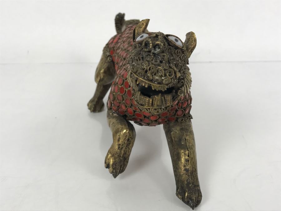 Old Nepalese Tibetan Brass Filigree Lion Tiger With Inlayed Coral [Photo 9]