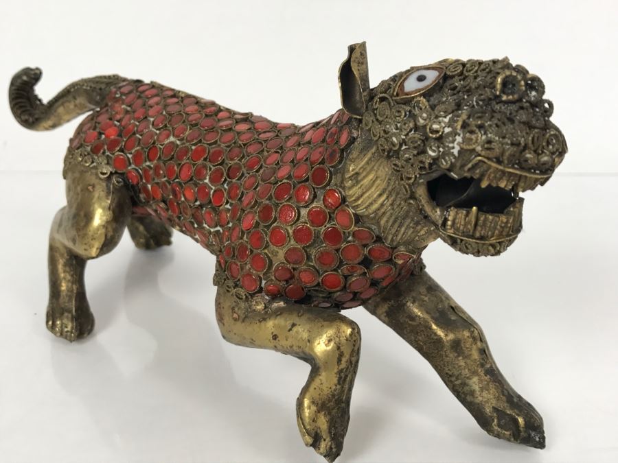 Old Nepalese Tibetan Brass Filigree Lion Tiger With Inlayed Coral [Photo 7]