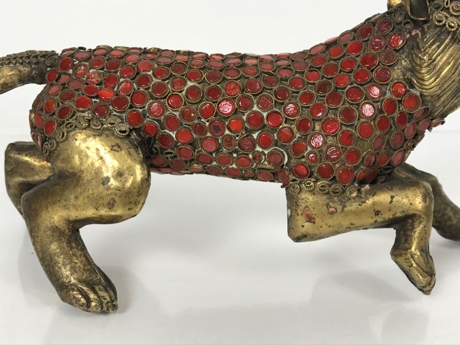 Old Nepalese Tibetan Brass Filigree Lion Tiger With Inlayed Coral [Photo 3]