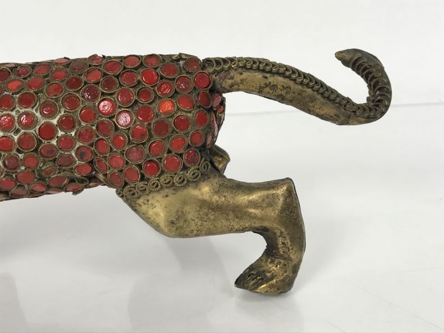 Old Nepalese Tibetan Brass Filigree Lion Tiger With Inlayed Coral [Photo 18]
