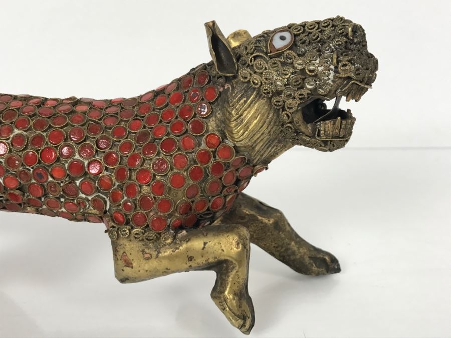 Old Nepalese Tibetan Brass Filigree Lion Tiger With Inlayed Coral [Photo 5]