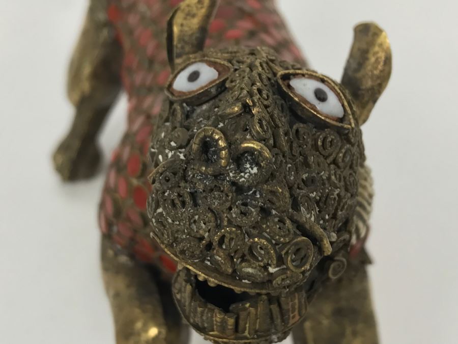 Old Nepalese Tibetan Brass Filigree Lion Tiger With Inlayed Coral [Photo 11]