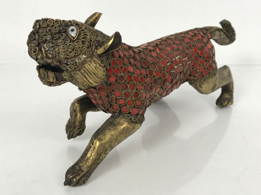 Old Nepalese Tibetan Brass Filigree Lion Tiger With Inlayed Coral [Photo 13]
