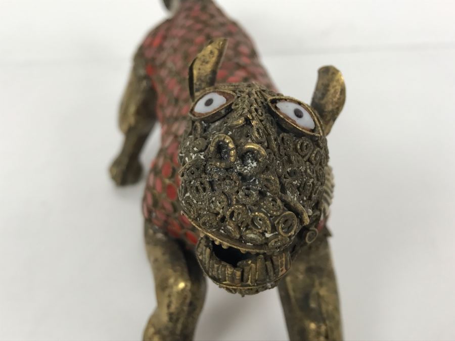 Old Nepalese Tibetan Brass Filigree Lion Tiger With Inlayed Coral [Photo 10]