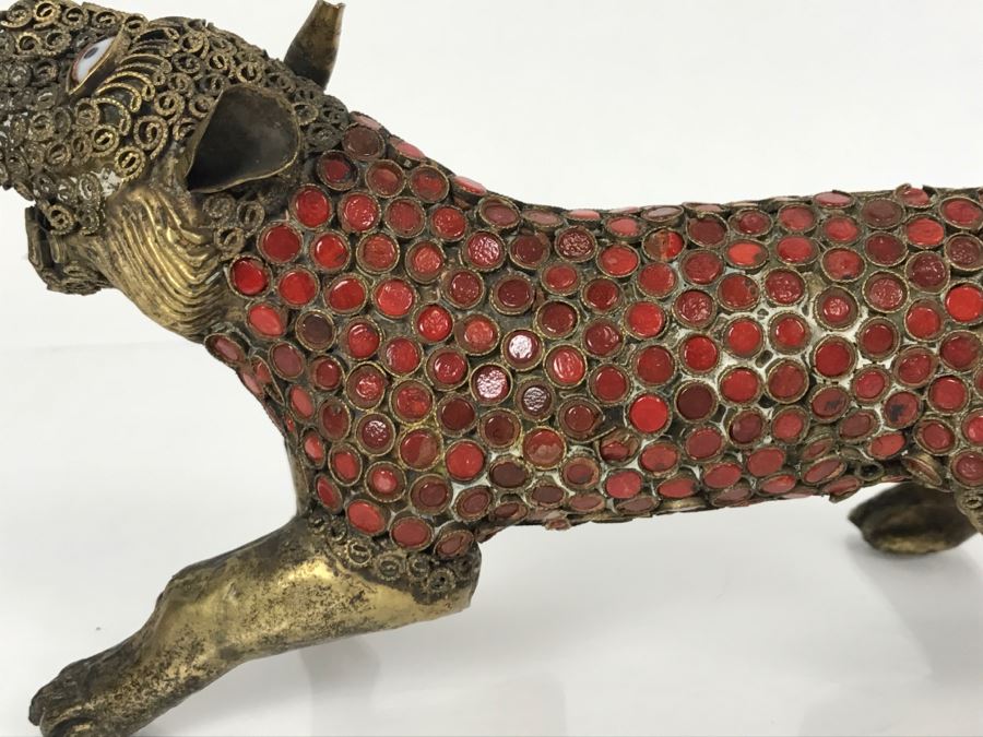 Old Nepalese Tibetan Brass Filigree Lion Tiger With Inlayed Coral [Photo 17]