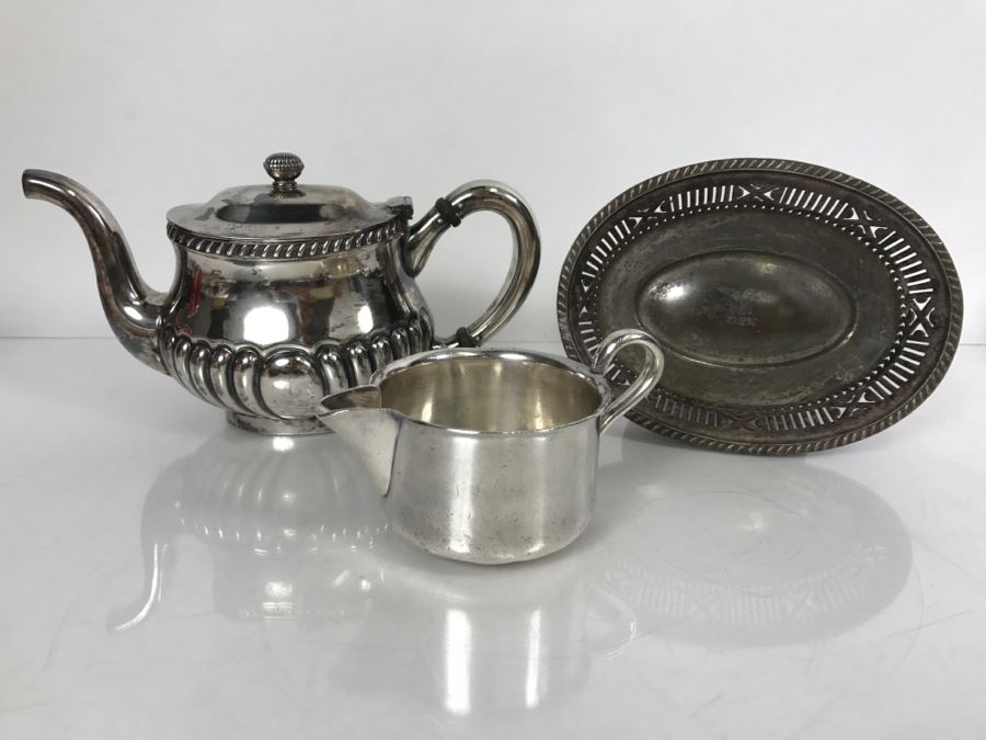 Collection Of U.S.N. United States NAVY Silverplate Teapot, Creamer Cup And Footed Dish Reed & Barton