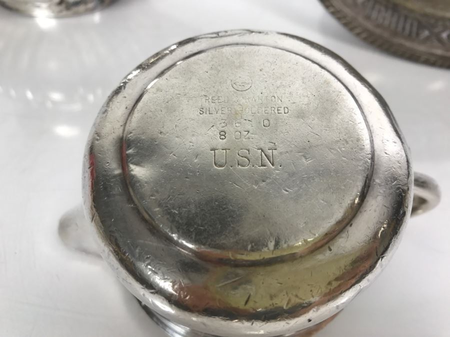 Collection Of U.S.N. United States NAVY Silverplate Teapot, Creamer Cup And Footed Dish Reed & Barton [Photo 3]