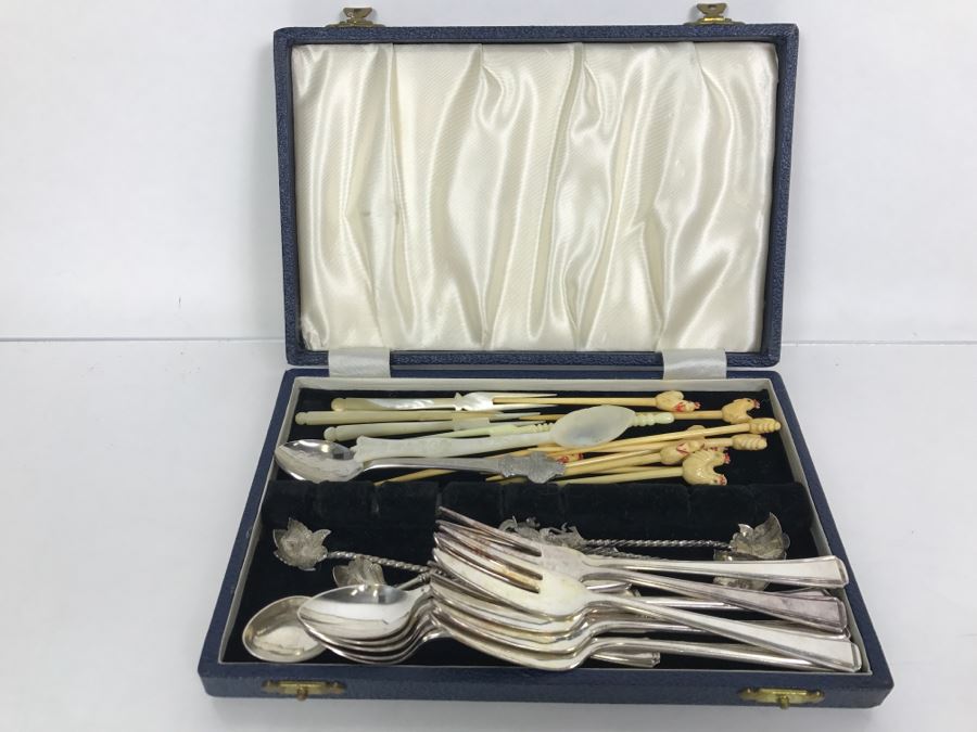 Box Filled With Collection Of Silverplate Forks And Spoons, Mother Of Pearl Spoon And Forks, Souvenir Spoon, 800 Silver Spoons And More - See All Photos