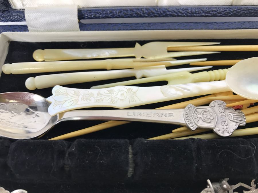 Box Filled With Collection Of Silverplate Forks And Spoons, Mother Of Pearl Spoon And Forks, Souvenir Spoon, 800 Silver Spoons And More - See All Photos [Photo 6]
