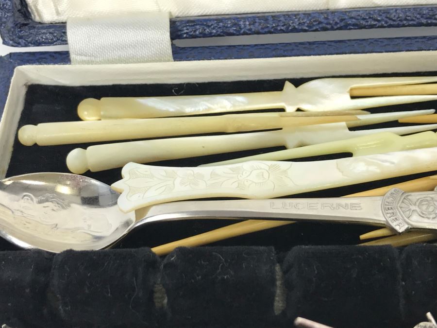 Box Filled With Collection Of Silverplate Forks And Spoons, Mother Of Pearl Spoon And Forks, Souvenir Spoon, 800 Silver Spoons And More - See All Photos [Photo 8]