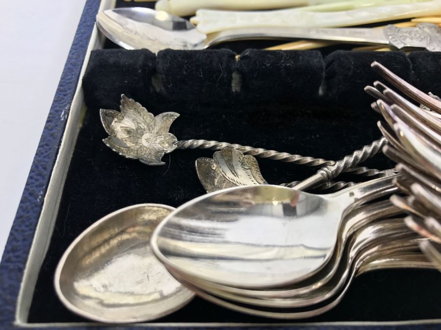 Box Filled With Collection Of Silverplate Forks And Spoons, Mother Of Pearl Spoon And Forks, Souvenir Spoon, 800 Silver Spoons And More - See All Photos [Photo 5]