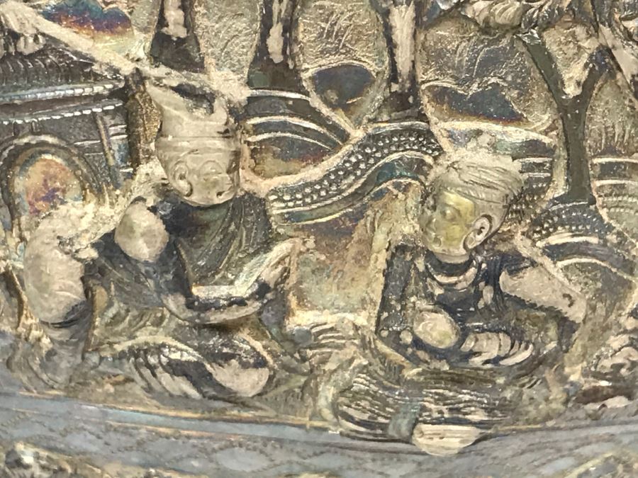 Antique Repousse Burmese Bowl Detailed Story Around Perimeter Of Bowl [Photo 12]