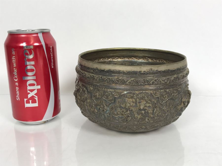 Antique Repousse Burmese Bowl Detailed Story Around Perimeter Of Bowl [Photo 2]