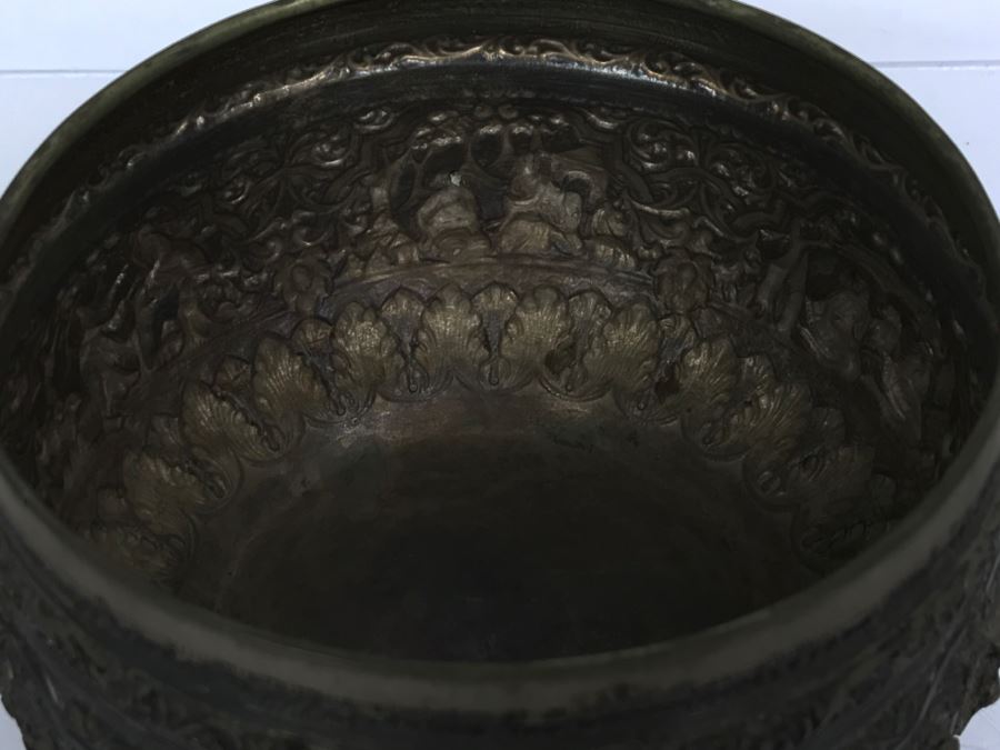 Antique Repousse Burmese Bowl Detailed Story Around Perimeter Of Bowl [Photo 18]
