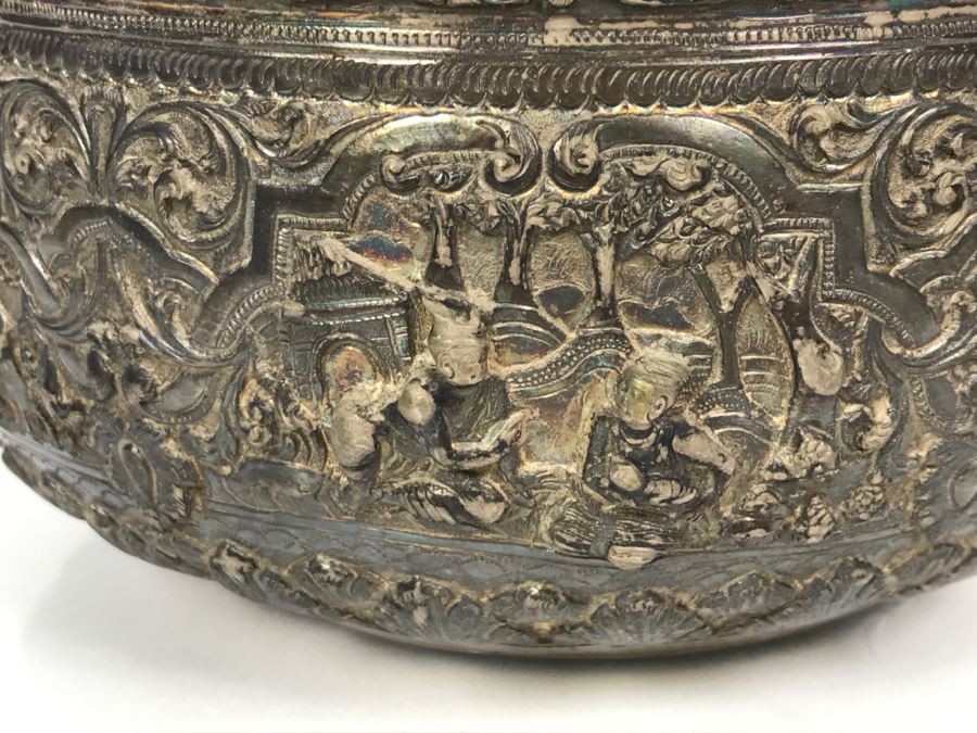 Antique Repousse Burmese Bowl Detailed Story Around Perimeter Of Bowl [Photo 10]