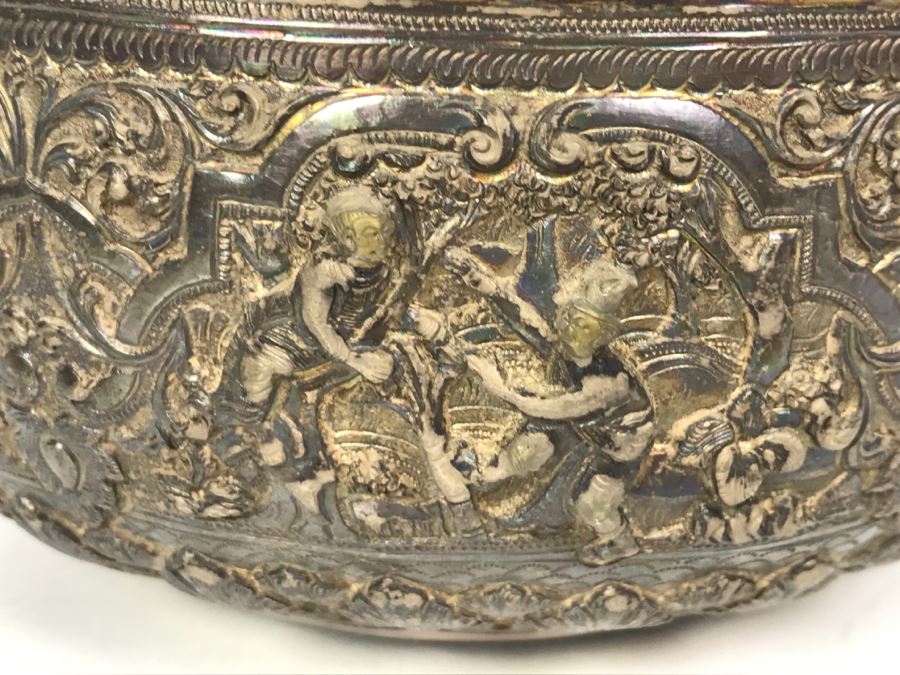 Antique Repousse Burmese Bowl Detailed Story Around Perimeter Of Bowl [Photo 9]