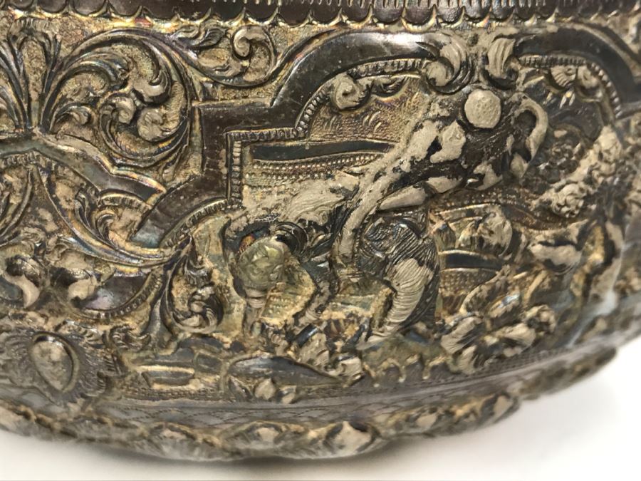 Antique Repousse Burmese Bowl Detailed Story Around Perimeter Of Bowl [Photo 8]