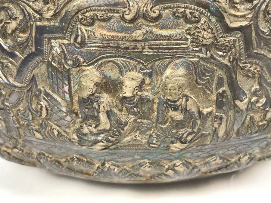 Antique Repousse Burmese Bowl Detailed Story Around Perimeter Of Bowl [Photo 13]
