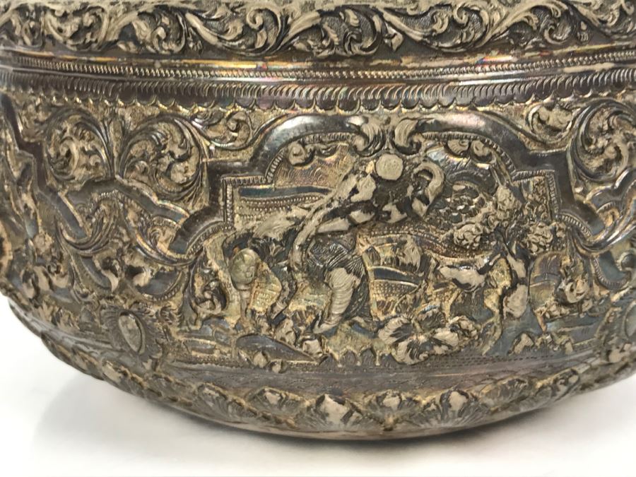 Antique Repousse Burmese Bowl Detailed Story Around Perimeter Of Bowl [Photo 7]