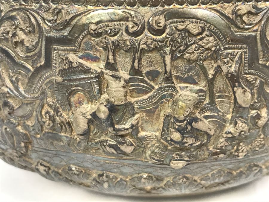 Antique Repousse Burmese Bowl Detailed Story Around Perimeter Of Bowl