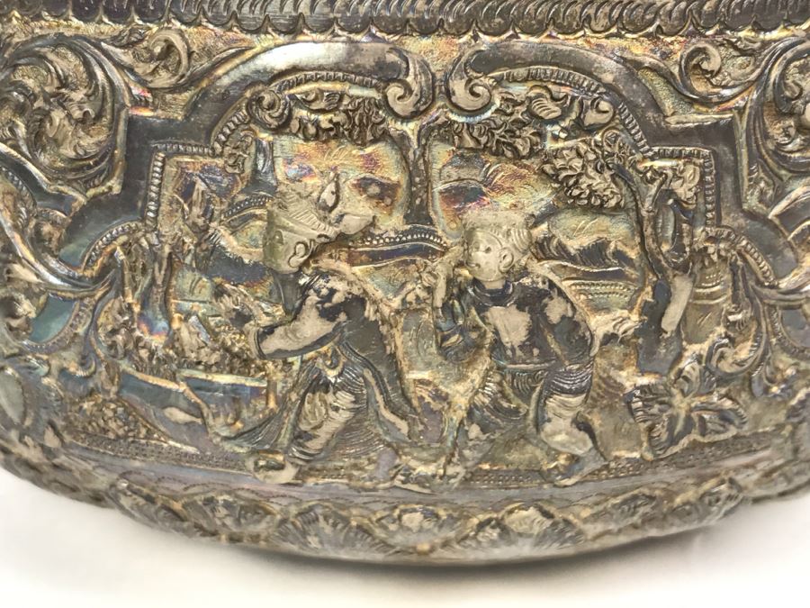Antique Repousse Burmese Bowl Detailed Story Around Perimeter Of Bowl [Photo 17]