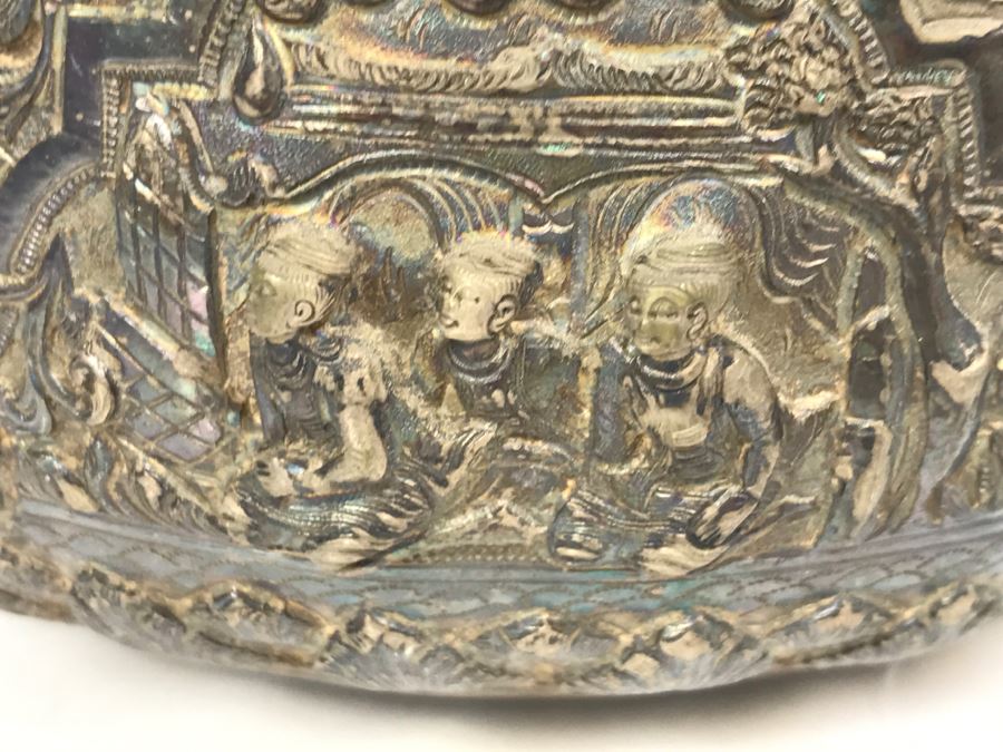 Antique Repousse Burmese Bowl Detailed Story Around Perimeter Of Bowl [Photo 14]