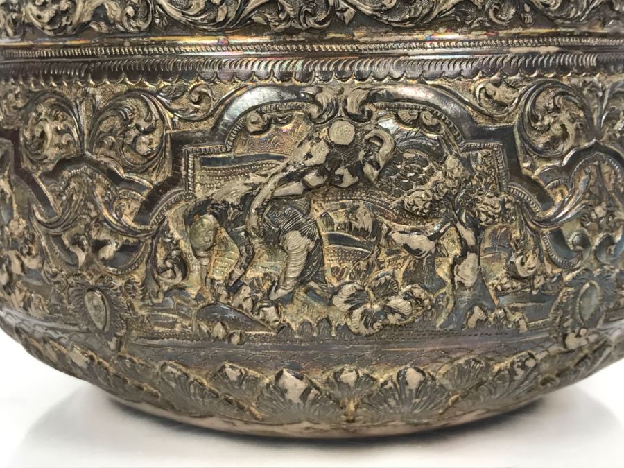 Antique Repousse Burmese Bowl Detailed Story Around Perimeter Of Bowl [Photo 6]