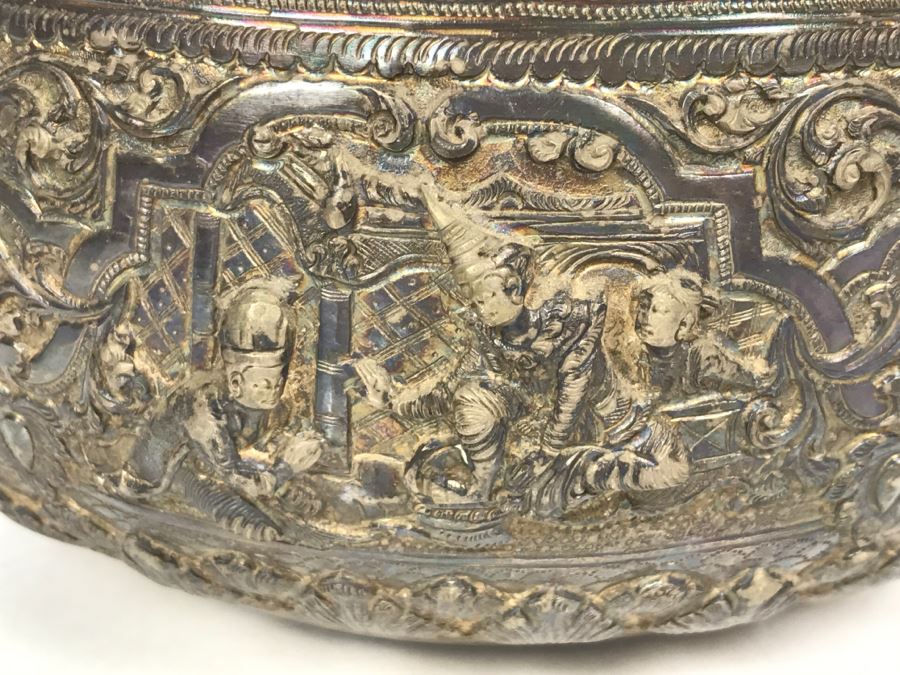 Antique Repousse Burmese Bowl Detailed Story Around Perimeter Of Bowl [Photo 15]