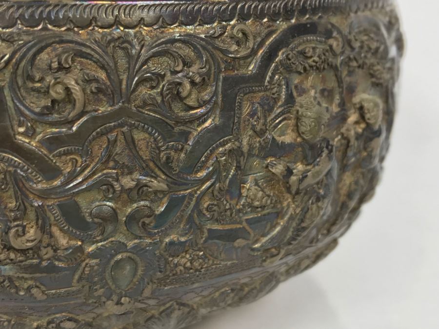 Antique Repousse Burmese Bowl Detailed Story Around Perimeter Of Bowl [Photo 4]