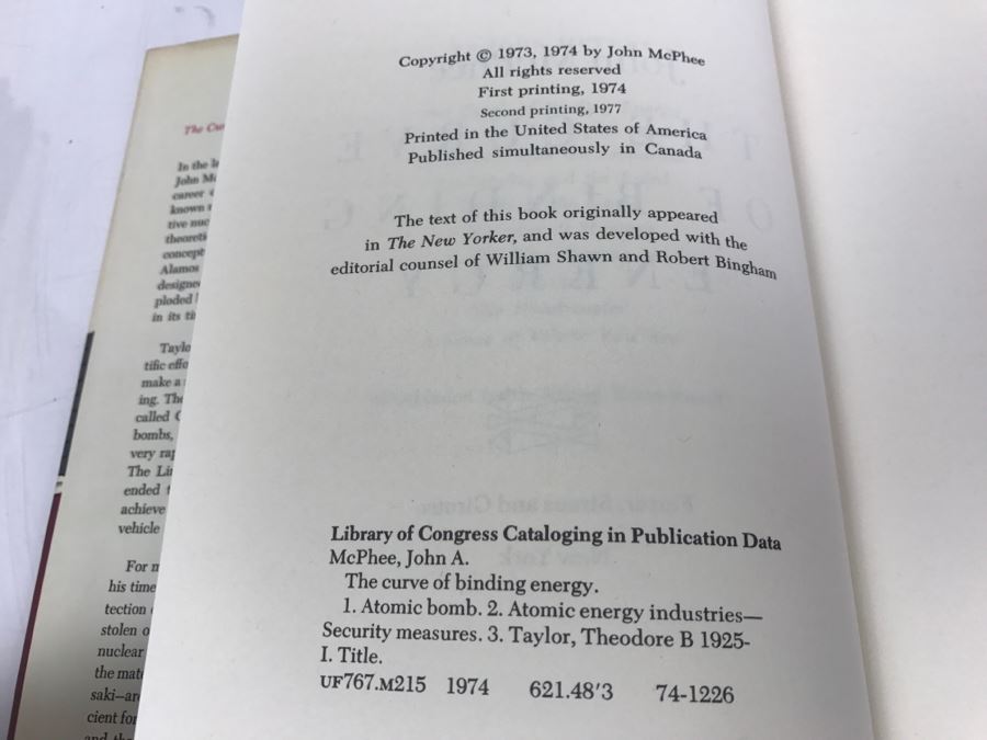 Hardcover Book 'The Curve Of Binding Energy A Journey Into The Awesome And Alarming World Of Theodore B. Taylor' Second Printing 1977 Hand Signed By John McPhee See Details [Photo 7]