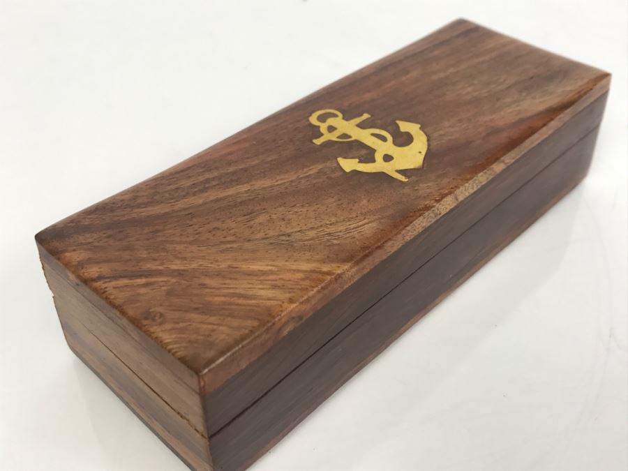 Wooden Trinket Box With Inlayed Brass Ships Anchor