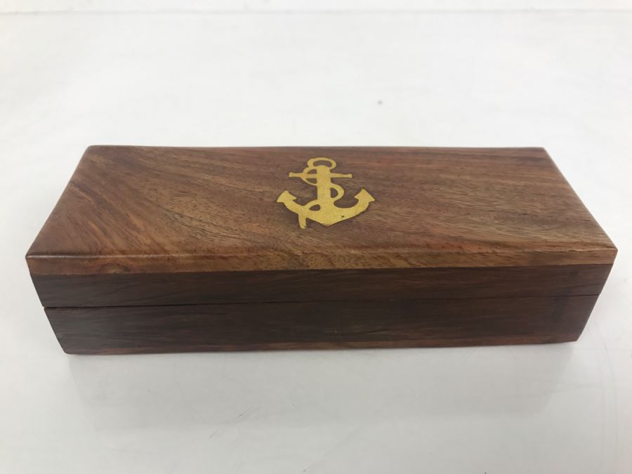 Wooden Trinket Box With Inlayed Brass Ships Anchor