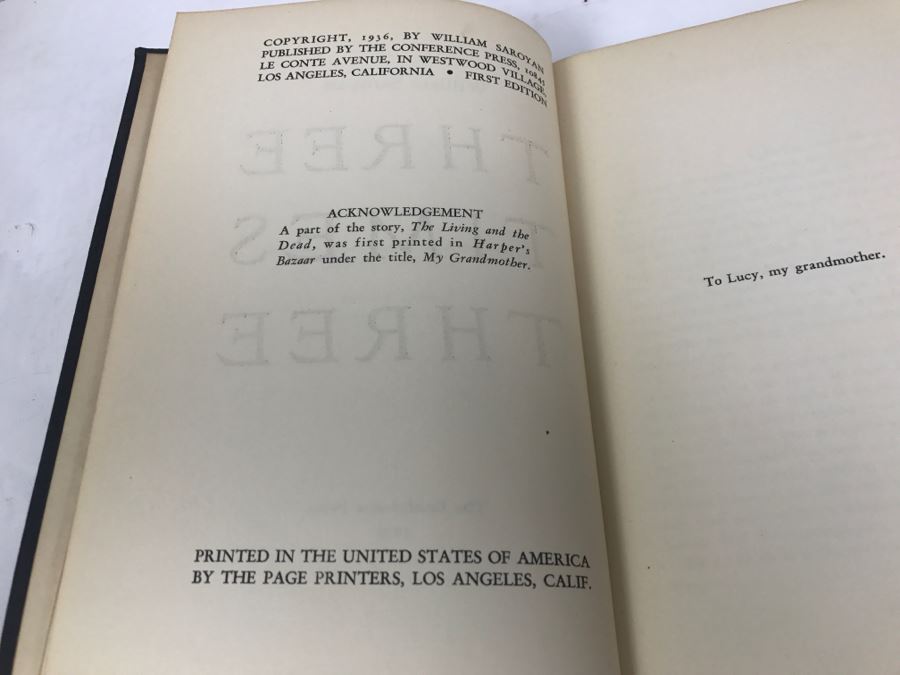 First Edition 1936 Hardcover Book 'Three Times Three' By William Saroyan [Photo 4]