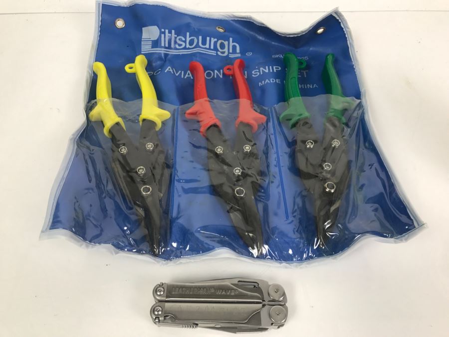 Leatherman Wave With Set Of Pittsburgh 3 Piece Aviation Snip Set Tools