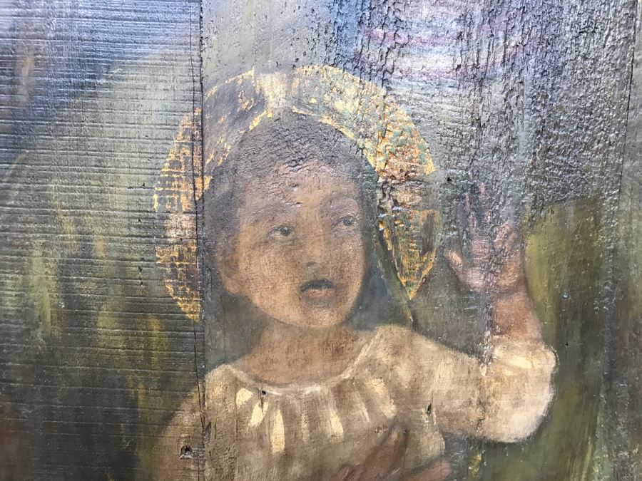 Old Gilded Carved Wooden Panel Floral Motif On Front With Painting On Back Of Madonna With Child [Photo 14]