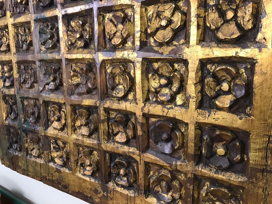 Old Gilded Carved Wooden Panel Floral Motif On Front With Painting On Back Of Madonna With Child [Photo 9]