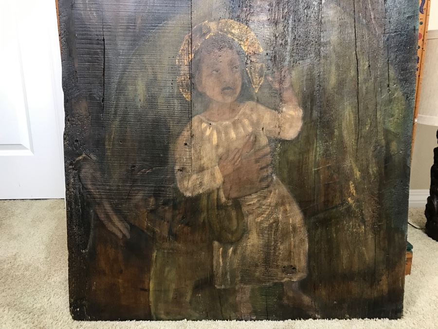 Old Gilded Carved Wooden Panel Floral Motif On Front With Painting On Back Of Madonna With Child [Photo 15]