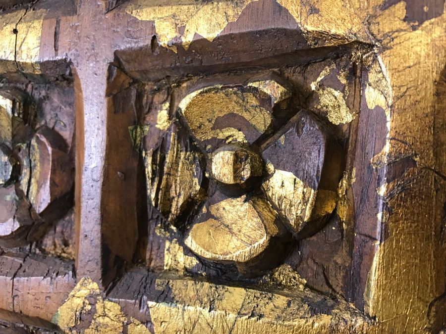 Old Gilded Carved Wooden Panel Floral Motif On Front With Painting On Back Of Madonna With Child [Photo 7]