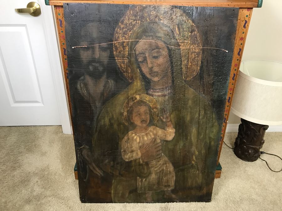 Old Gilded Carved Wooden Panel Floral Motif On Front With Painting On Back Of Madonna With Child [Photo 11]