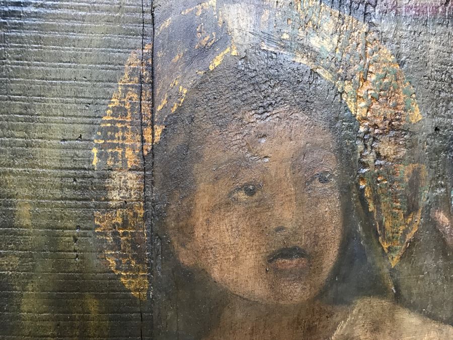 Old Gilded Carved Wooden Panel Floral Motif On Front With Painting On Back Of Madonna With Child [Photo 16]