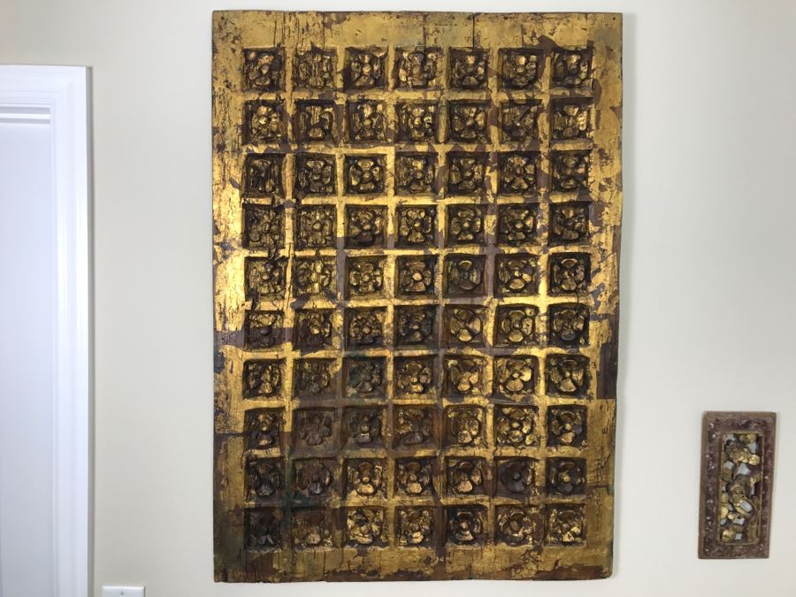 Old Gilded Carved Wooden Panel Floral Motif On Front With Painting On Back Of Madonna With Child [Photo 2]