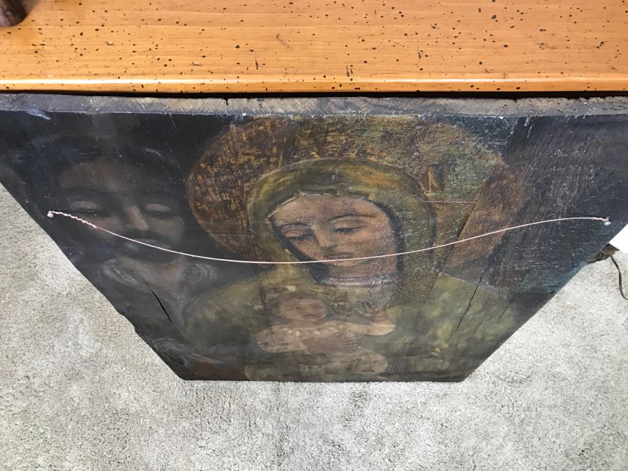 Old Gilded Carved Wooden Panel Floral Motif On Front With Painting On Back Of Madonna With Child [Photo 21]