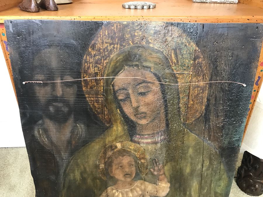 Old Gilded Carved Wooden Panel Floral Motif On Front With Painting On Back Of Madonna With Child [Photo 13]