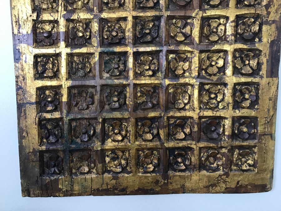 Old Gilded Carved Wooden Panel Floral Motif On Front With Painting On Back Of Madonna With Child [Photo 5]