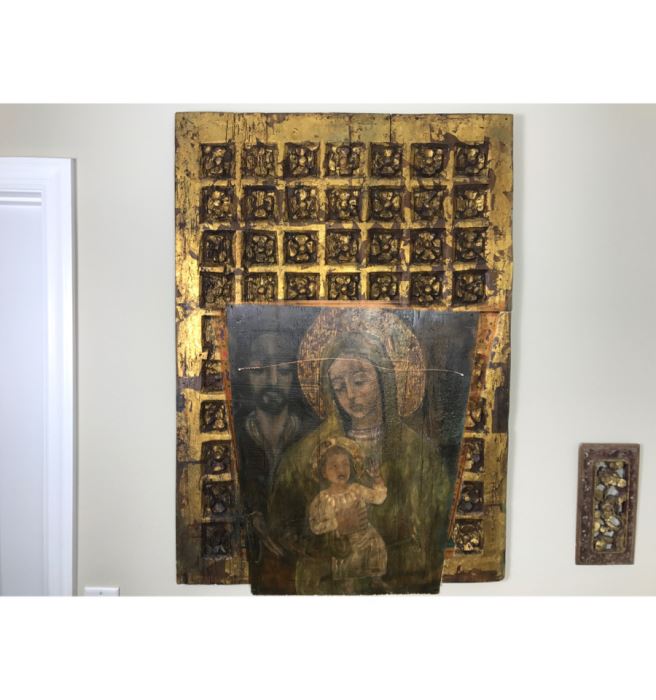 Old Gilded Carved Wooden Panel Floral Motif On Front With Painting On Back Of Madonna With Child
