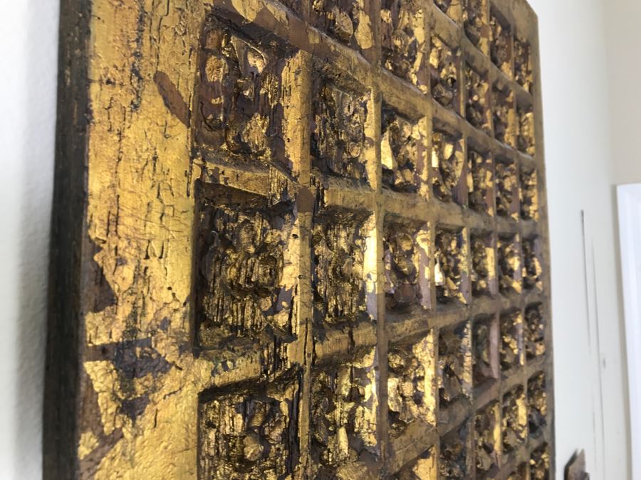 Old Gilded Carved Wooden Panel Floral Motif On Front With Painting On Back Of Madonna With Child [Photo 10]