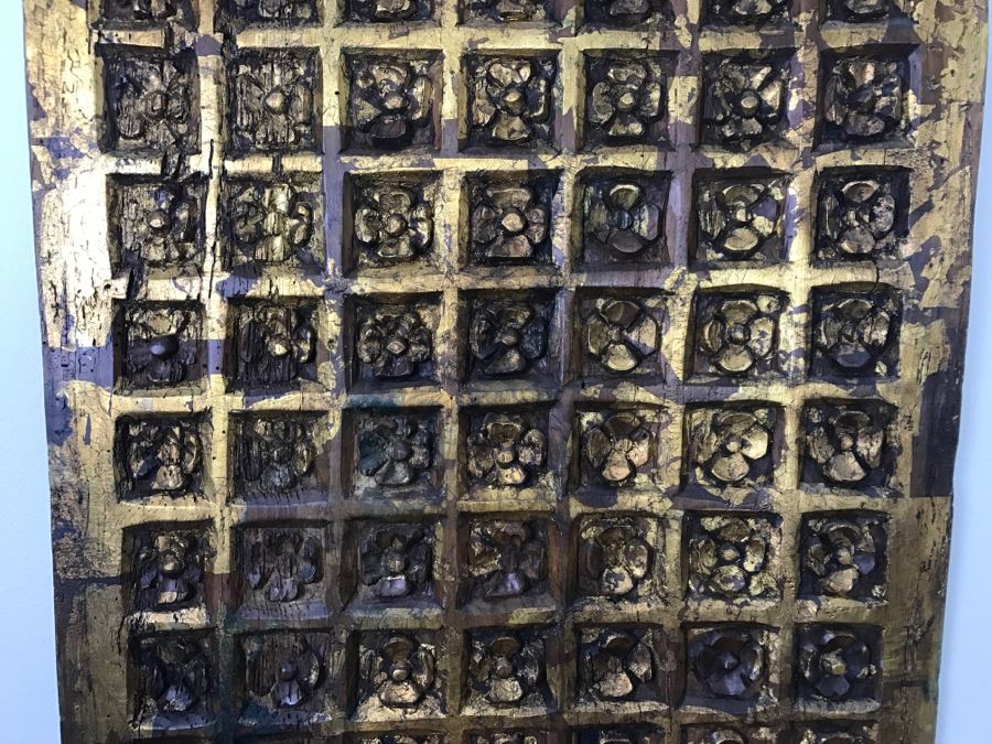 Old Gilded Carved Wooden Panel Floral Motif On Front With Painting On Back Of Madonna With Child [Photo 4]